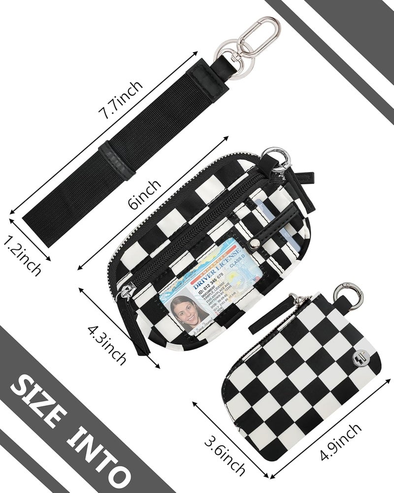 Sunpour Store Nylon Wristlet Checkered Wallets, Dual Pouch Keychain Wristlet Wallet, RFID Small Wallet With Coin Pouch,ID Window For Travel (Black+White) - Image 2